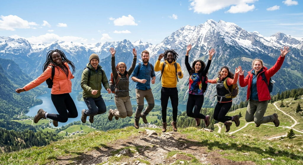 glückliche Gruppe kulturelle Diversität erkundet Deutschland Alpen im Hintergrund germanen-plakat.de Sidebar